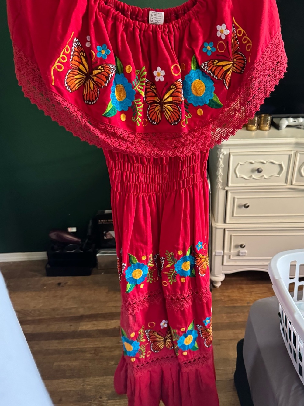 Womenβs Mexican traditional Red Floral & Butterfly Embroidered Dress